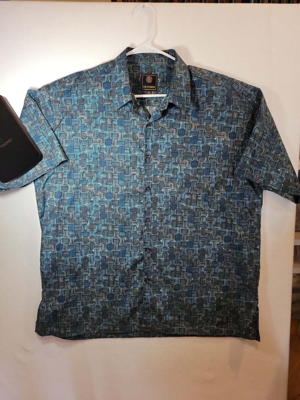 F/X Fusion Mens Blue Geometric Patterned Short Sleeve Button-Down Shirt